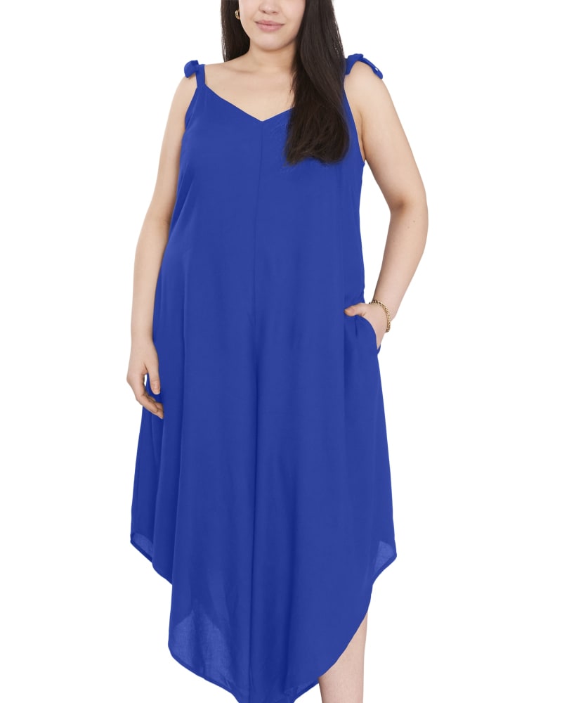 Front of a model wearing a size 1X Ruby Tie Shoulder Jumpsuit in COBALT by Vince Camuto. | dia_product_style_image_id:261371